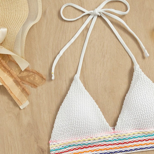 Damen Triangel-Bikini mit hoch geschnittenem Unterteil und buntem Wickelband EB