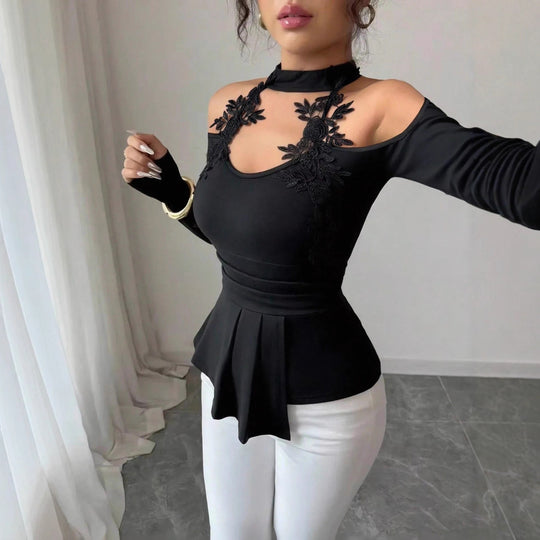 Damen nan schulterfreies Langarm-Top mit Chokerkragen, floralen Spitzenapplikationen und tailliertem Schößchen EB