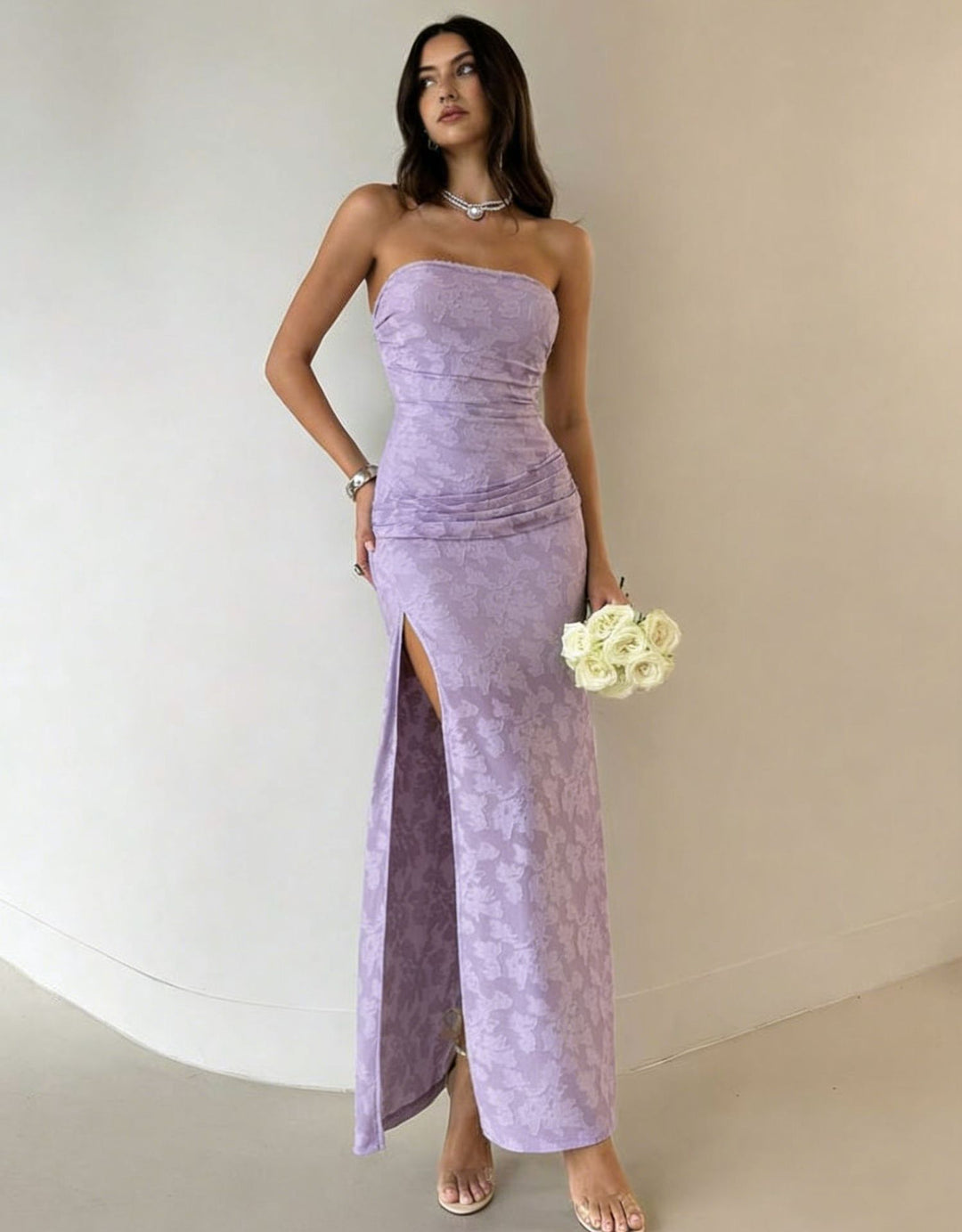 Damen Elegantes Maxikleid mit floralem Design und hoher Teilung EB
