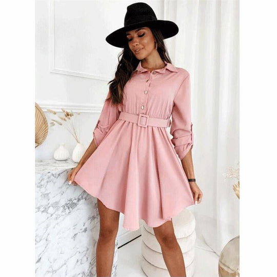 Damen Knielanges Hemdblusenkleid mit Taillengürtel und eleganten Details EB