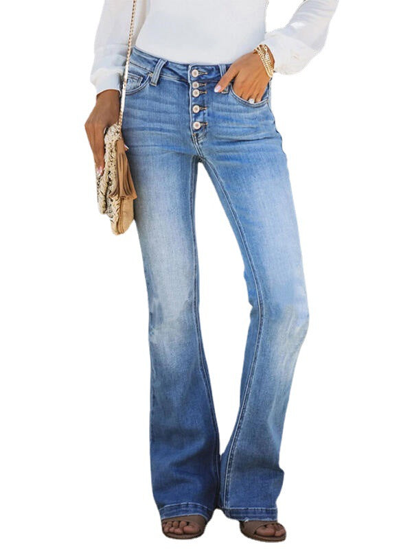 Damen Flared Jeans mit hochgestelltem Bund und Knopfdetails EB