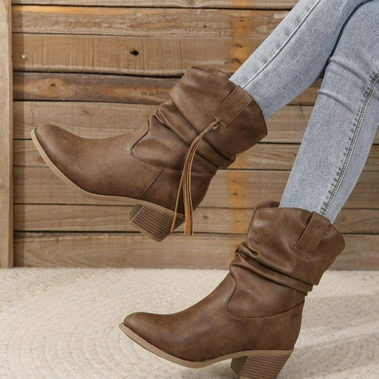 Damen kniehohe Fransen-Cowboystiefel mit feiner Perlenfransen-Verzierung und geformtem Blockabsatz EB