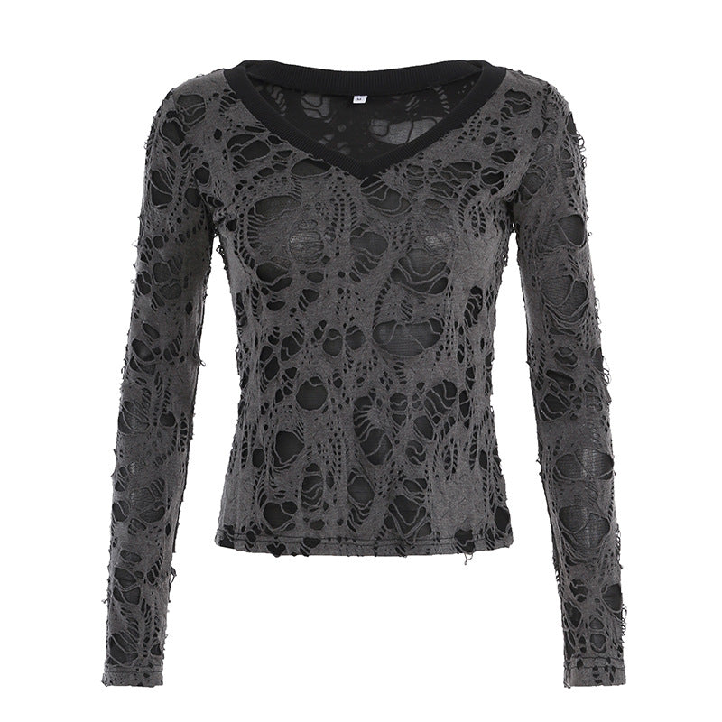 Damen nan transparentes Distressed-Spitzenshirt mit V-Ausschnitt, langärmeligem Layer-Look und innenliegendem Cami EB