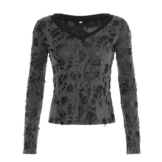 Damen nan transparentes Distressed-Spitzenshirt mit V-Ausschnitt, langärmeligem Layer-Look und innenliegendem Cami EB