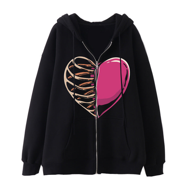 Damen nan Kapuzenjacke mit durchgehendem Reißverschluss und Rippenherz-Print EB