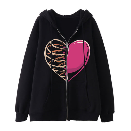 Damen nan Kapuzenjacke mit durchgehendem Reißverschluss und Rippenherz-Print EB