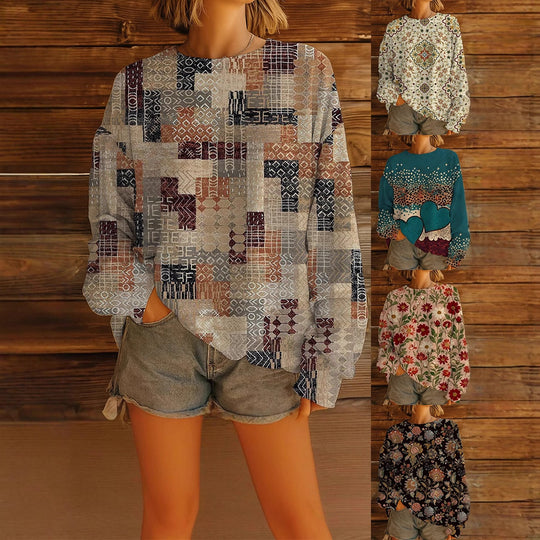Damen Geblümter Oversize-Sweatshirt-Pullover mit Rundhals und Ballonärmeln EB