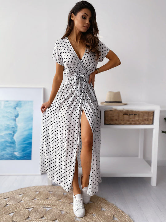 Damen Maxikleid mit Polka-Dots und verstellbarem Taillengürtel EB