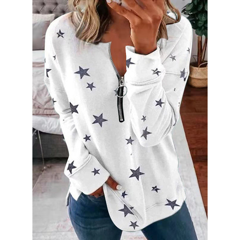 Damen Lässiger Sweatshirt mit Reißverschluss und Sternenmotiv EB