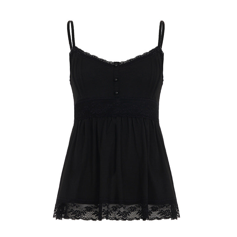 Damen Spaghetti-Trägertop mit romantischer Spitzenverzierung und knopfbarem Detail EB