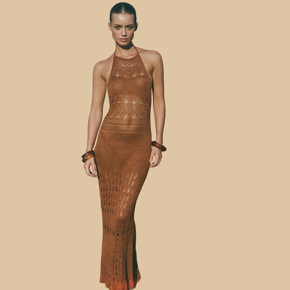 Damen elegantes Häkel-Maxikleid mit tiefem Rückenausschnitt EB