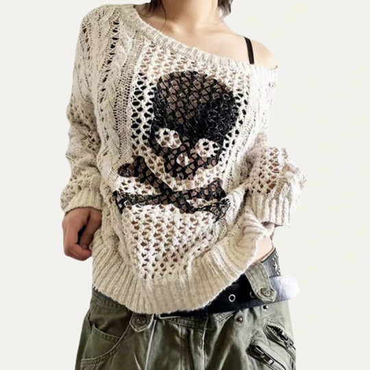 Damen Oversized Strickpullover mit kreativem Lochmuster und Anker-Design EB