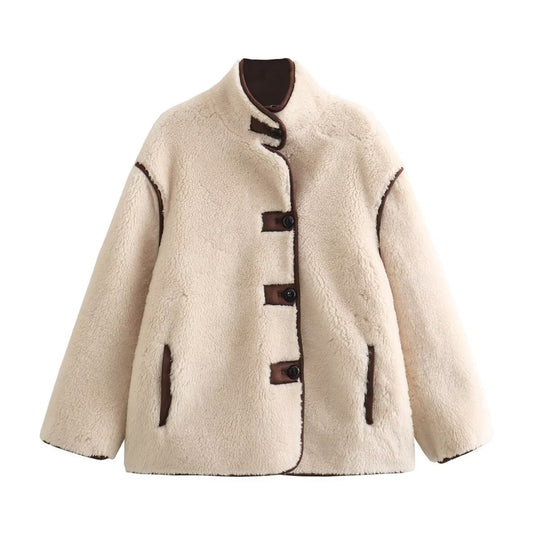 Damen Teddyfelljacke mit stylischem Stehkragen und praktischen Taschen EB