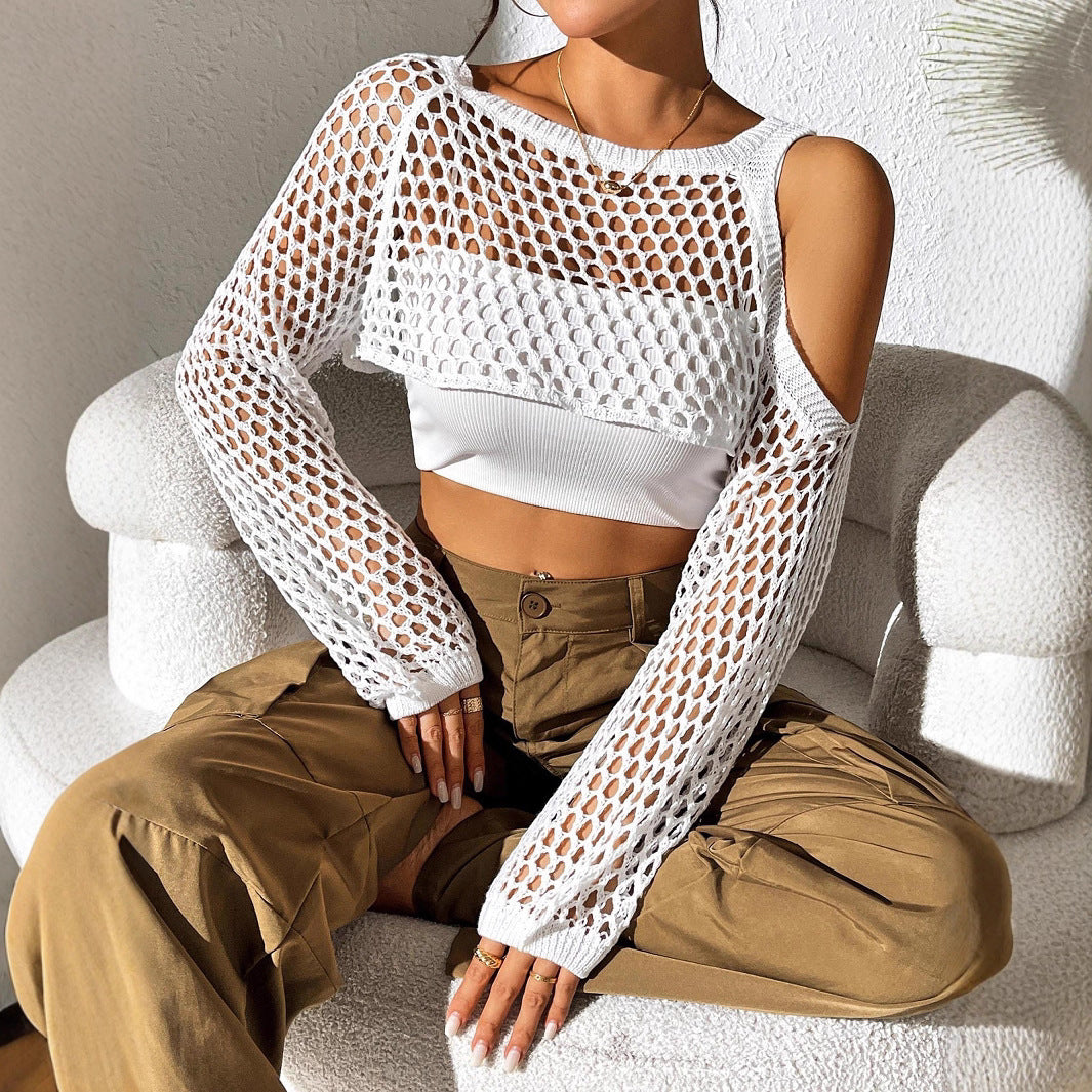 Damen gestricktes Netzoberteil mit offenen Schultern und modischem Design EB