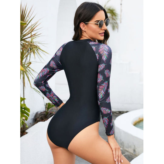 Damen Langarm-Surfanzug mit modernem Palmenmuster und stylischem Reißverschluss EB