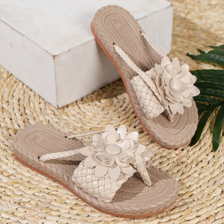 Damen Geflochtene Zehentrenner‑Sandalen mit XXL‑Blütenapplikation und gepolstertem Komfortfußbett EB