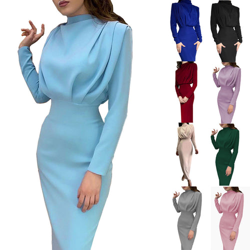 Damen Elegantes und figurbetontes Langarmkleid mit hohem Kragen EB