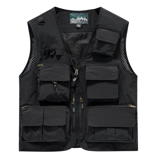 Herren multifunktionale Angler- und Utility‑Weste mit zahlreichen Reißverschluss- und Kletttaschen sowie Mesh-Innenfutter EB