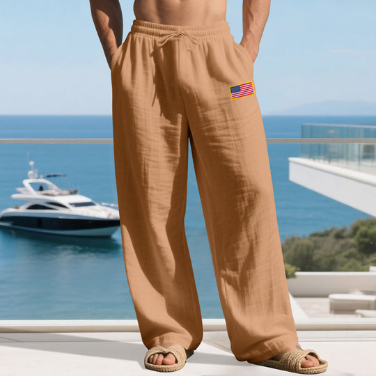 Herren nan lässige Leichtgewicht-Loungehose mit Tunnelzugbund, weitem Bein und Flaggen-Patch EB
