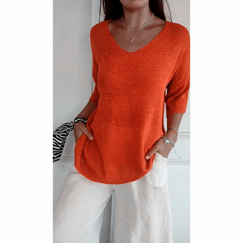 Damen nan locker sitzender V-Ausschnitt Feinstrickpullover mit dreiviertelÄrmeln EB