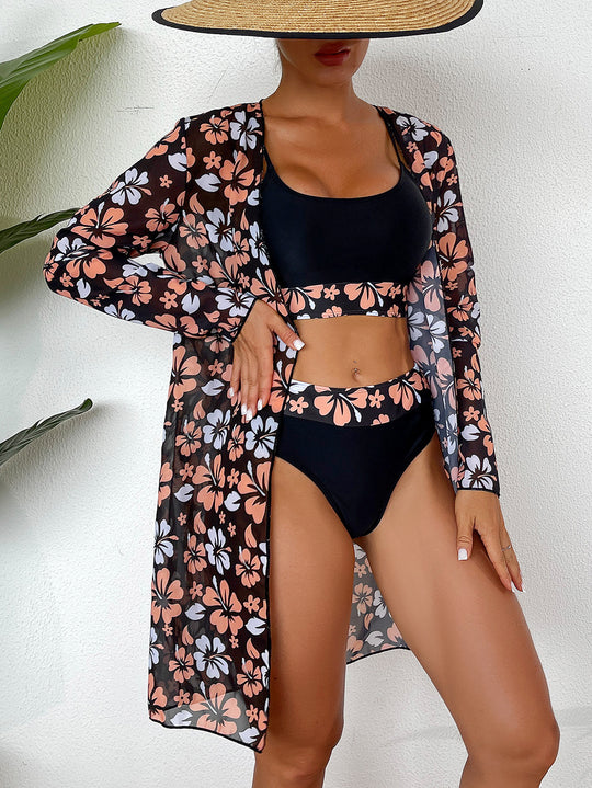 Damen Strandcover-Up mit floralem Design und eleganter Transparenz EB