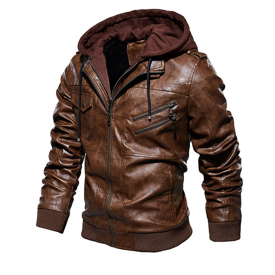 Herren lässige Kunstlederjacke mit abnehmbarer Kapuze und zahlreichen Taschen EB
