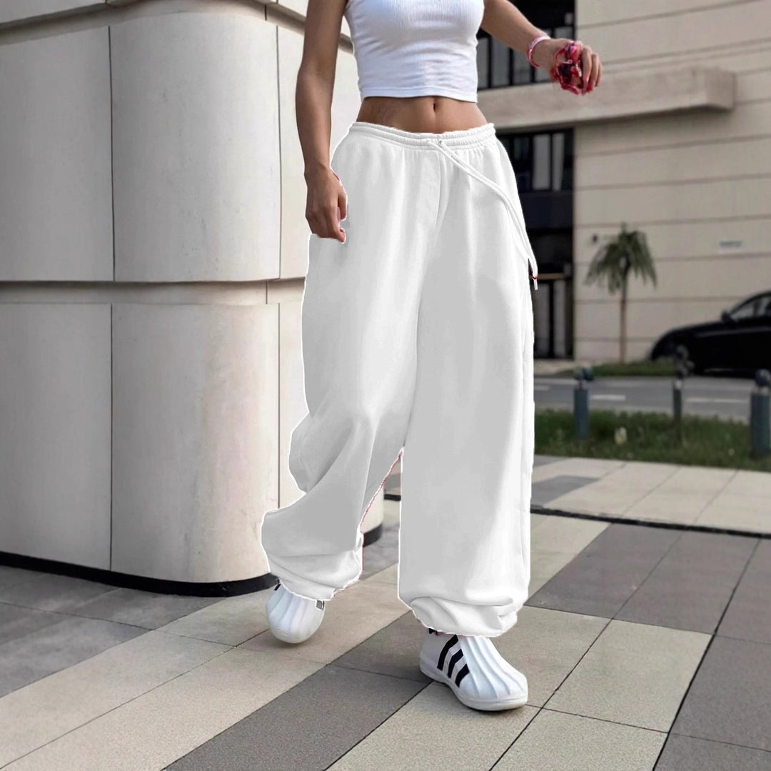 Damen nan weite Baggy-Jogginghose mit hohem Komfortbund, Kordelzug und elastischen Knöchelbündchen EB