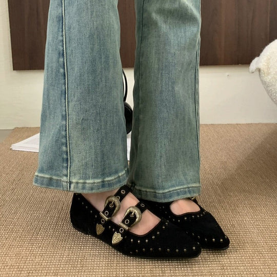 Damen Elegante und stilvolle Ballerinas mit modischen Schnallen und Nieten EB