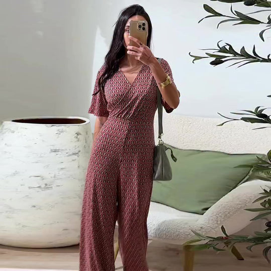 Damen Jumpsuit mit elastischem Bund und tiefem V-Ausschnitt EB