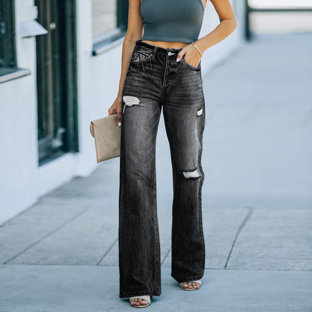 Damen High-Waist Schluchzen Jeans mit weitem Beinum EB