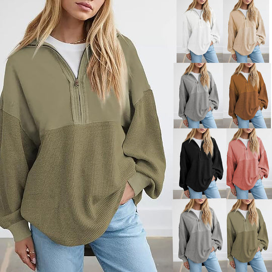 Damen lässiger Kapuzenpullover mit halblangem Reißverschluss und strukturiertem Material EB