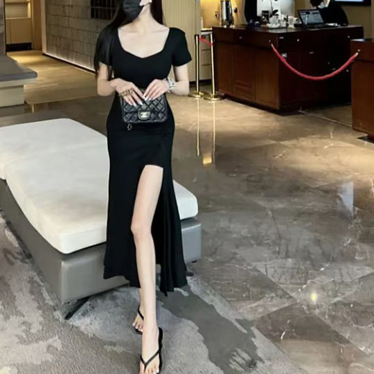 Damen figurbetontes langes Kleid mit schickem Raffungseffekt und hohem Schlitz EB
