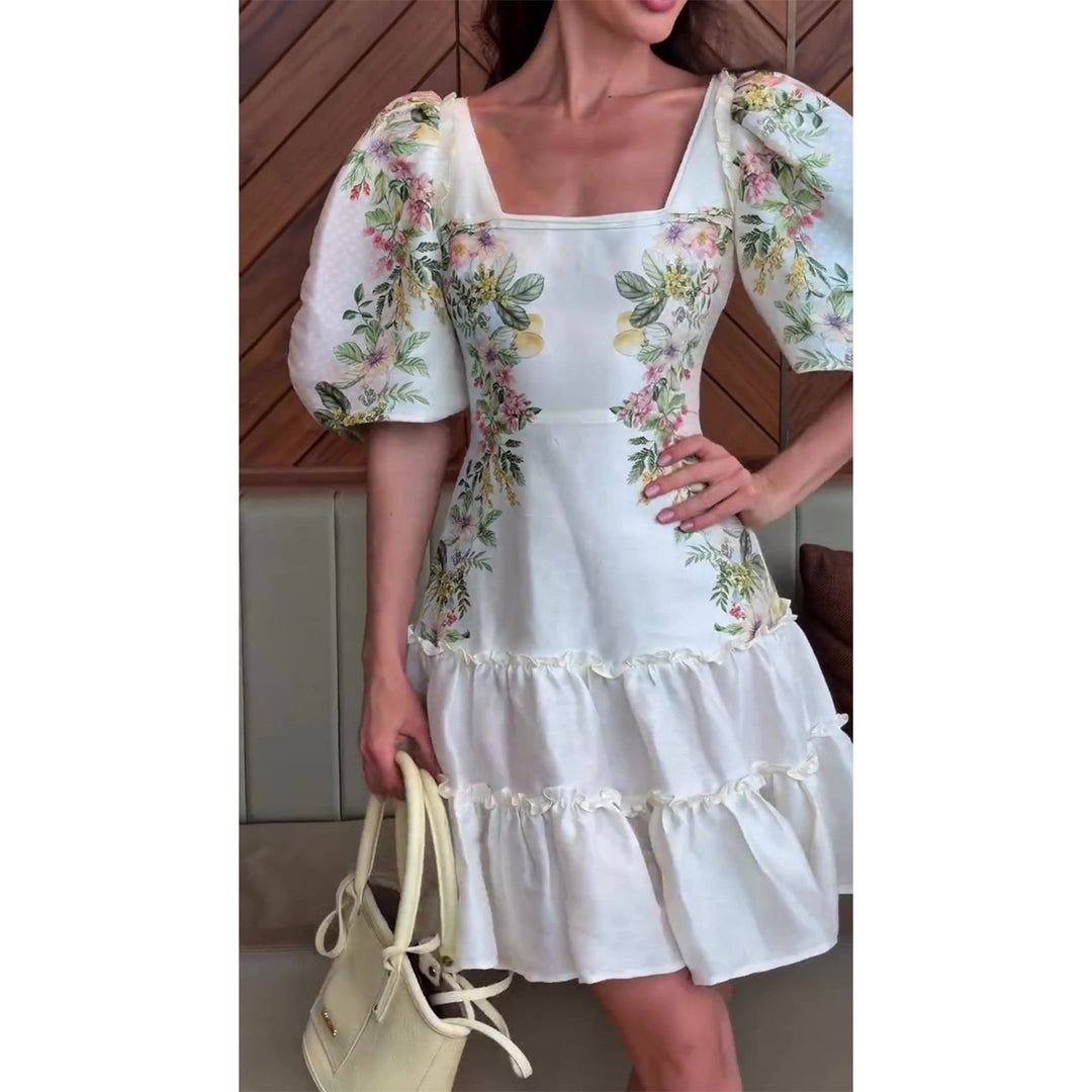 Damen Blumenkleid mit voluminösen Puffärmeln und fließendem Rock EB