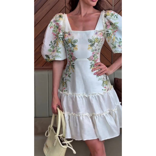 Damen Blumenkleid mit voluminösen Puffärmeln und fließendem Rock EB