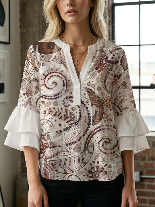 Damen Bluse mit voluminösen Rüschenärmeln und kreativem Floraldesign EB