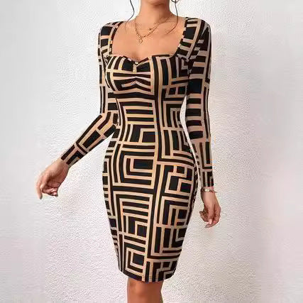 Damen Figurbetontes Langarmkleid mit geometrischem Muster EB