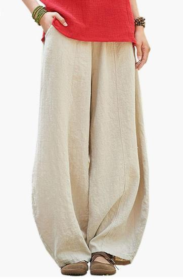 Damen weite Leinenhose mit elastischem Bund und praktischen Taschen EB