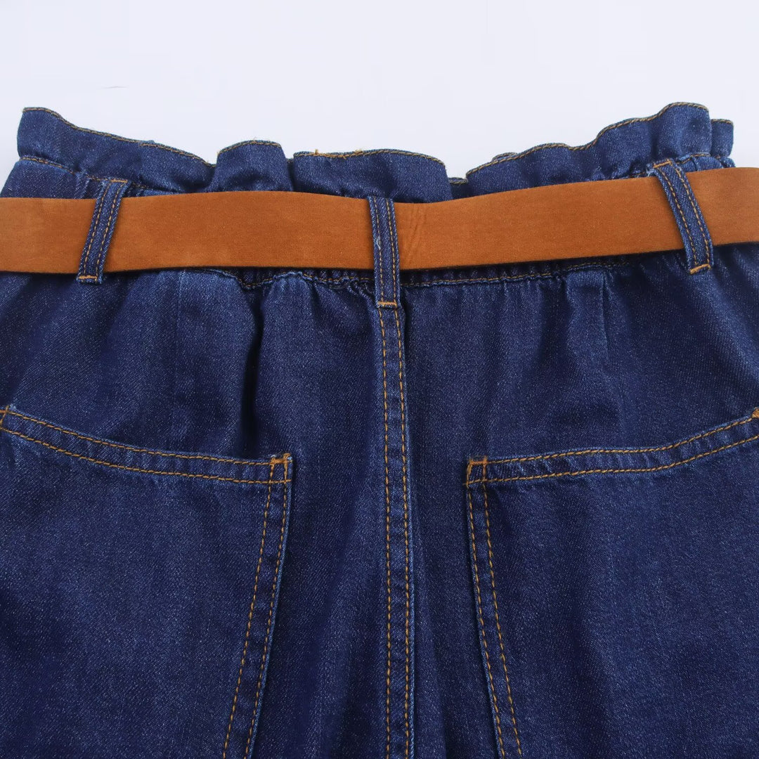 Damen Denim-Shorts mit hochwertigem Ledergürtel und elastischem Bund EB