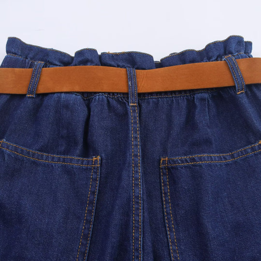 Damen Denim-Shorts mit hochwertigem Ledergürtel und elastischem Bund EB