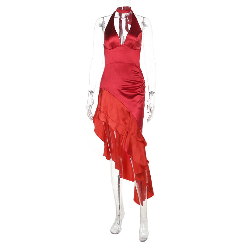 Damen elegantes Wickelkleid mit tiefem V-Ausschnitt und fransigem Saum EB