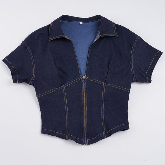 Damen Kurzarm Denim-Jacke mit teilbarem Reißverschluss und modischem Schnitt EB