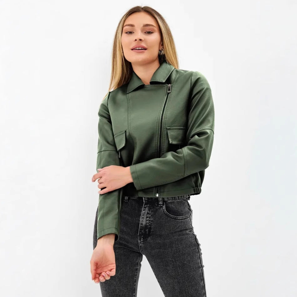 Damen cropped Kunstlederjacke mit praktischen Taschen und modernem Schnitt EB