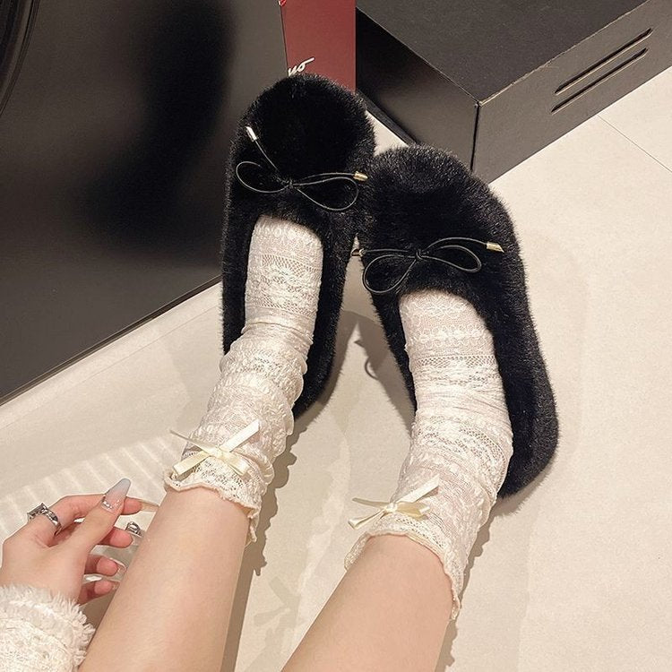 Damen Flauschige Pantoffeln mit dekorativem Bow EB