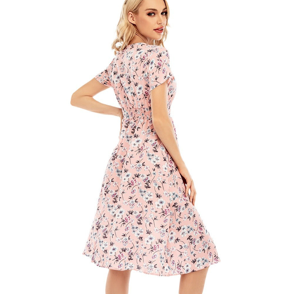 Damen langärmliges Kleid mit floralem Design und elastischem Taillenbund EB