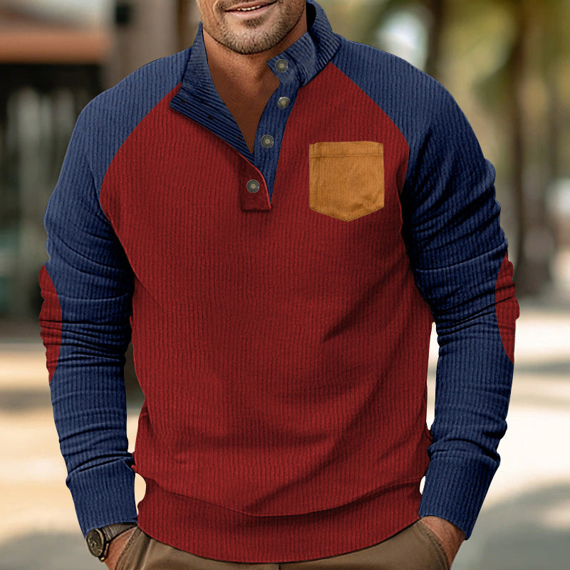 Herren Geripptes Henley‑Pullover mit Raglanärmeln, Ellenbogen‑Patches & Brusttasche EB