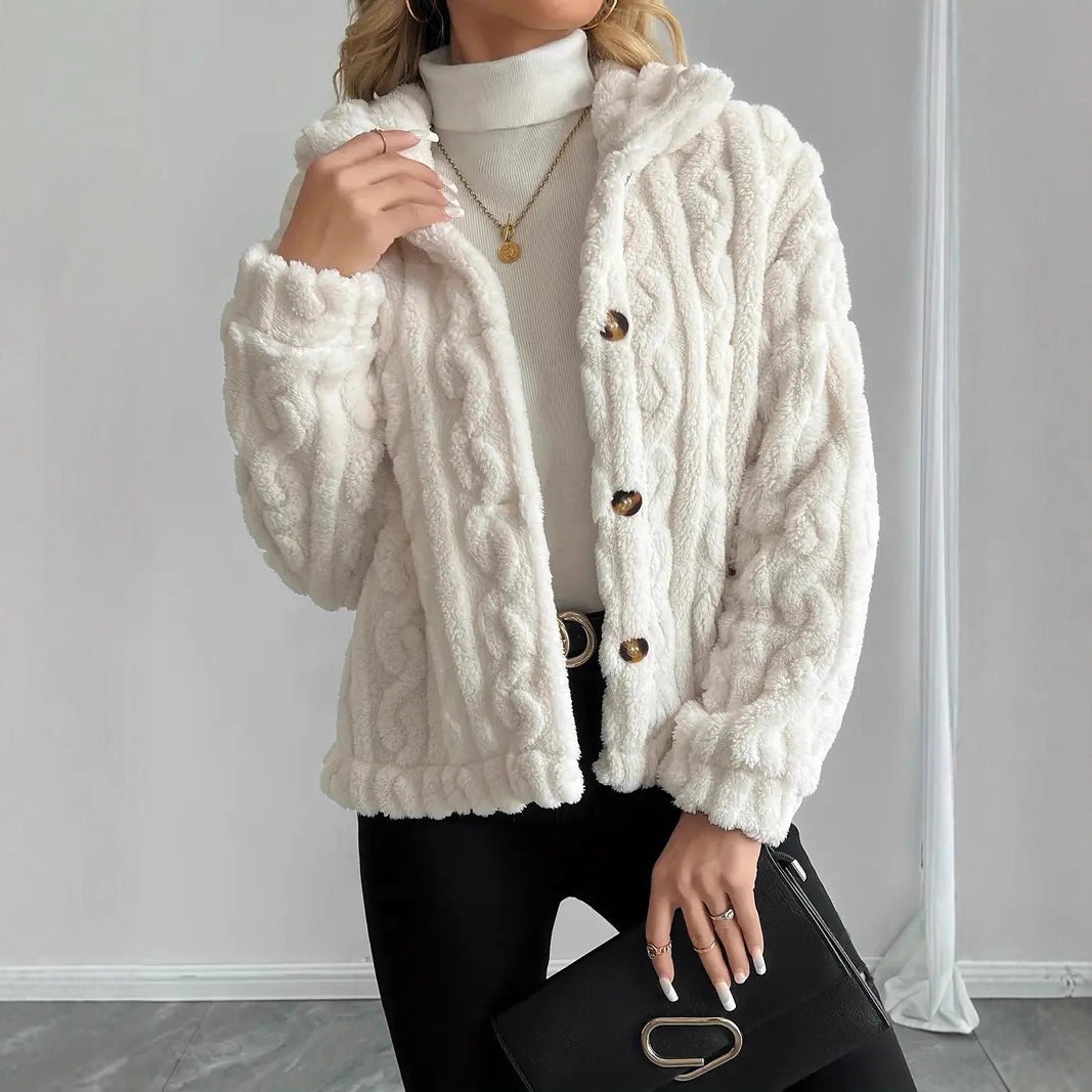 Damen Kuschelige Strickjacke mit Knöpfen und Kapuze EB