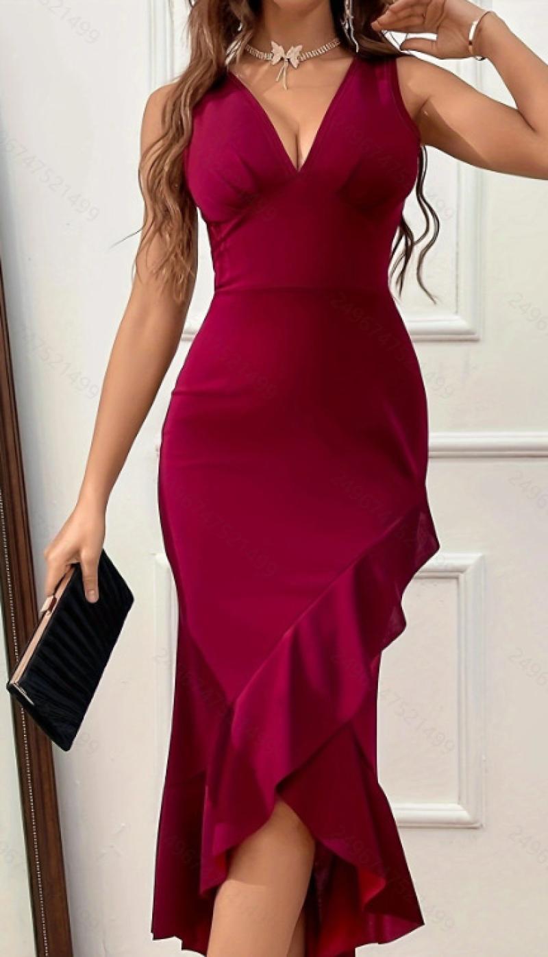 Damen figurbetontes Kleid mit asymmetrischem Saum und V-Ausschnitt EB