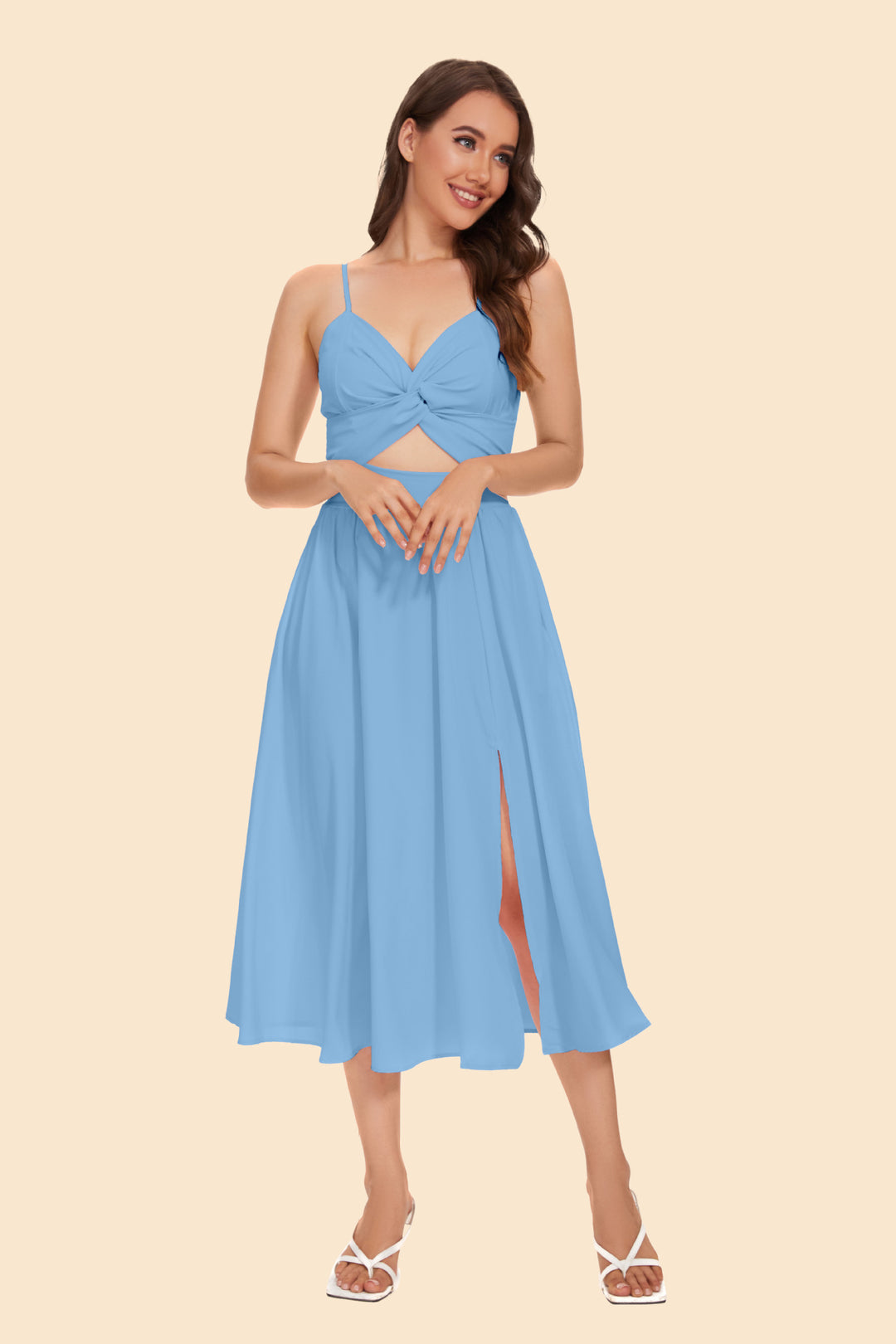 Damen Zweiteiler Ensemble mit elegantem knotenfreier Bluse und fließendem Rock mit Schlitz EB