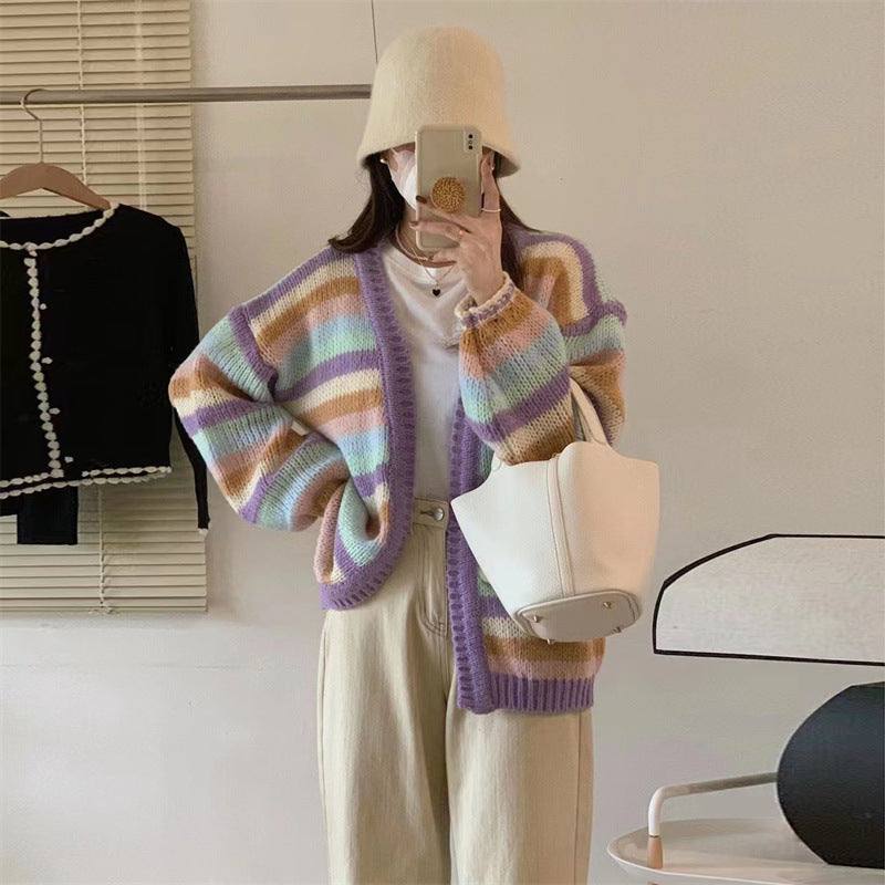 Damen Gemütlicher Strickcardigan mit buntem Streifenmuster und weitem Schnitt EB