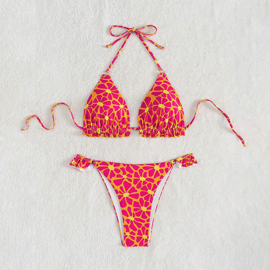 Damen Triangel-Bikini mit verspieltem Blumenmuster und Rüschendetails EB